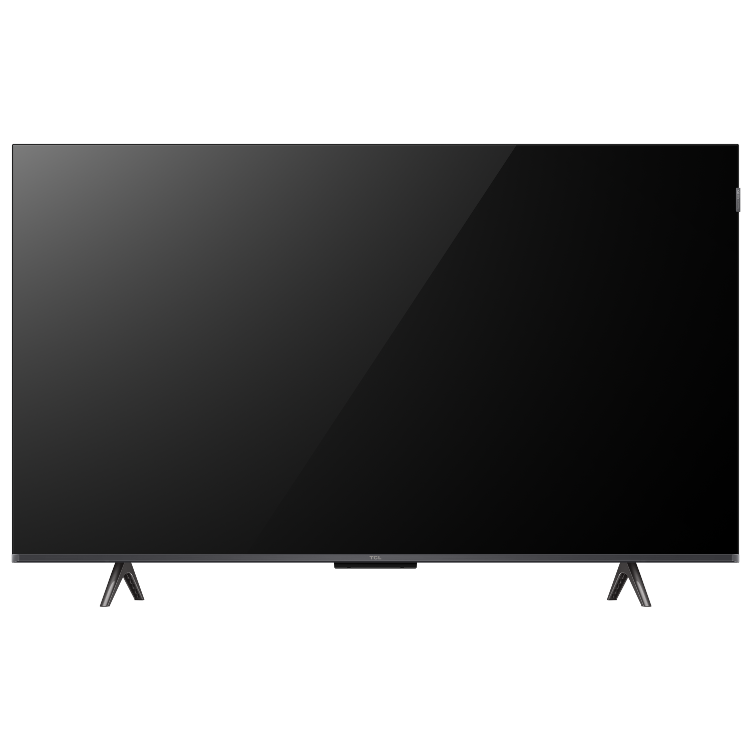 Grote tv met een zwart scherm op een zwarte achtergrond.