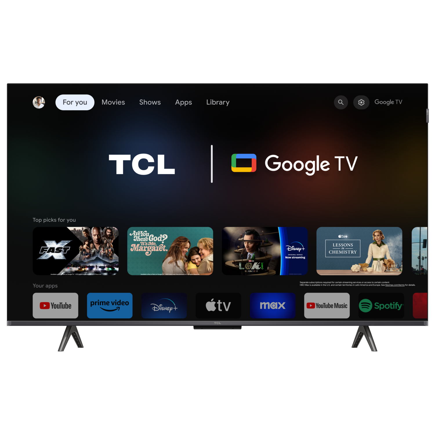 Een groot TCL Google TV-scherm dat een menu weergeeft met app-iconen en films.