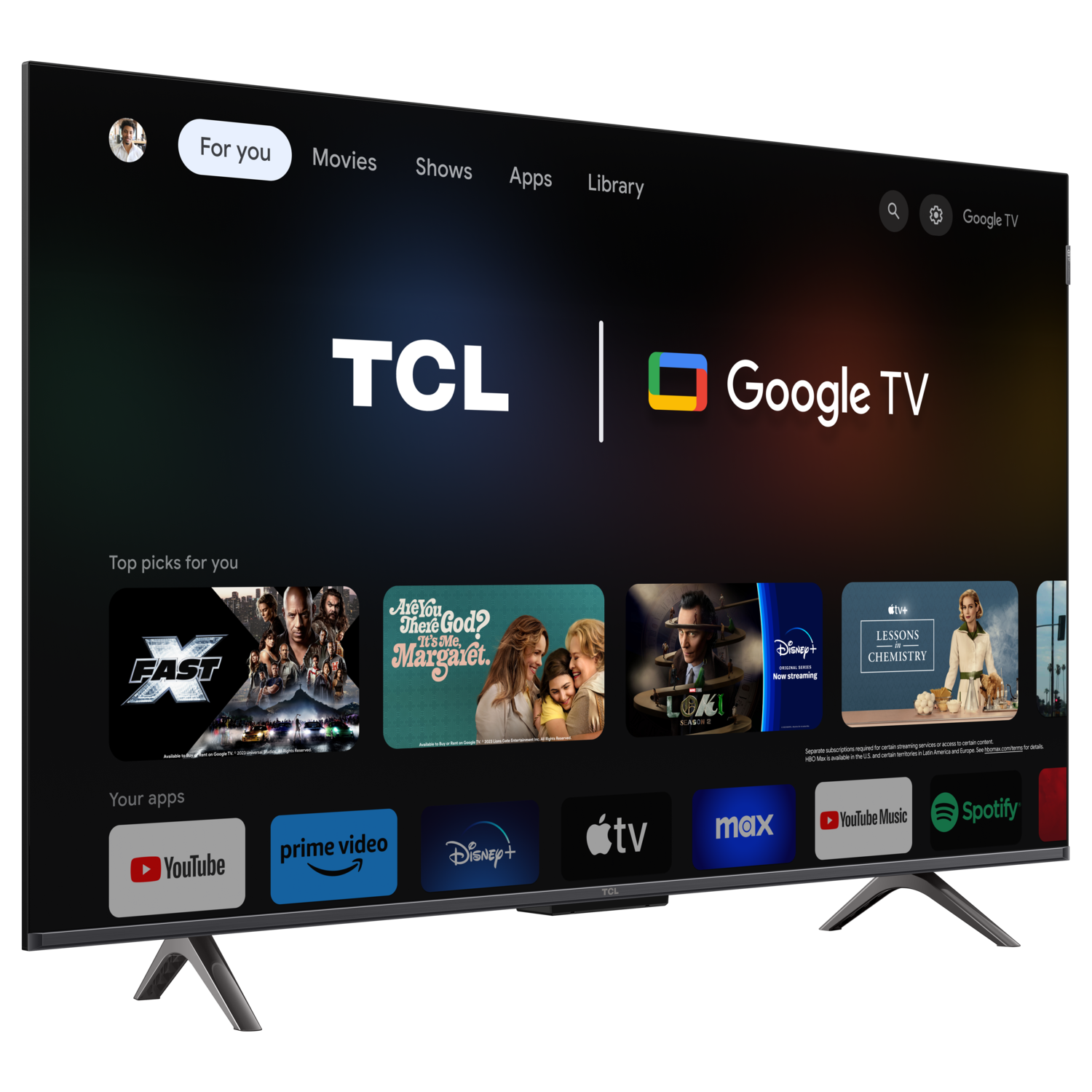 Een grote zwarte tv met een Google TV-interface met app-pictogrammen en een menubalk.