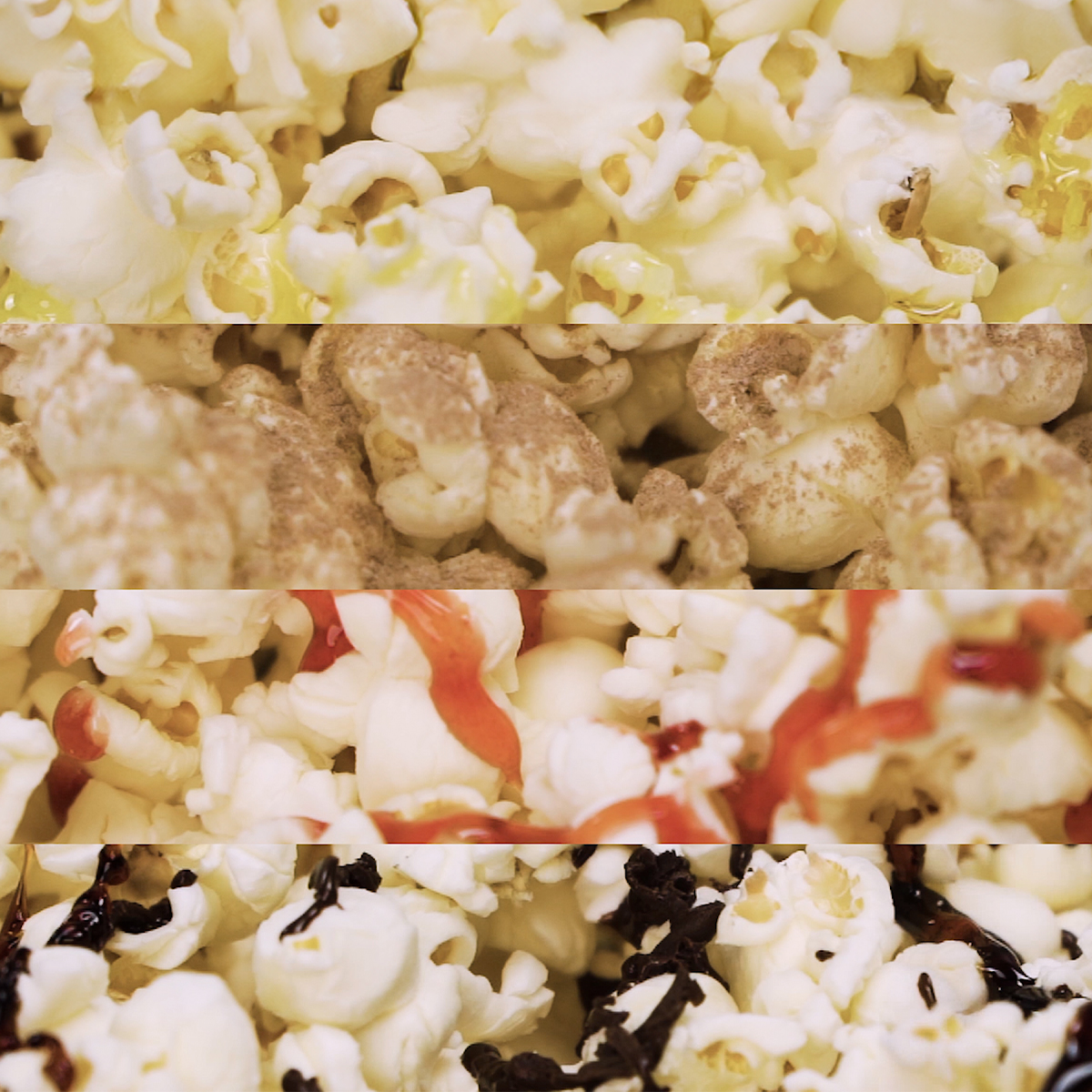 Primer plano de palomitas con varios ingredientes: mantequilla, canela, sirope rojo y chocolate.