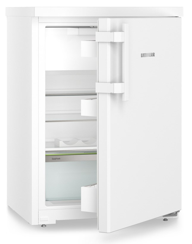 Fehér hűtőszekrény nyitott ajtóval, belső polcokkal és átlátszó Easyfresh résszel.