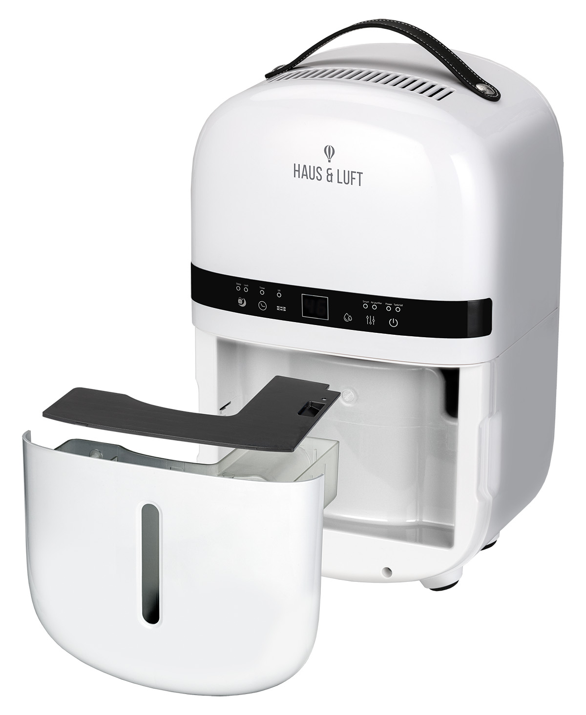 Biały osuszacz powietrza z usuniętym zbiornikiem na wodę. Widoczny czarny uchwyt i elementy sterujące.