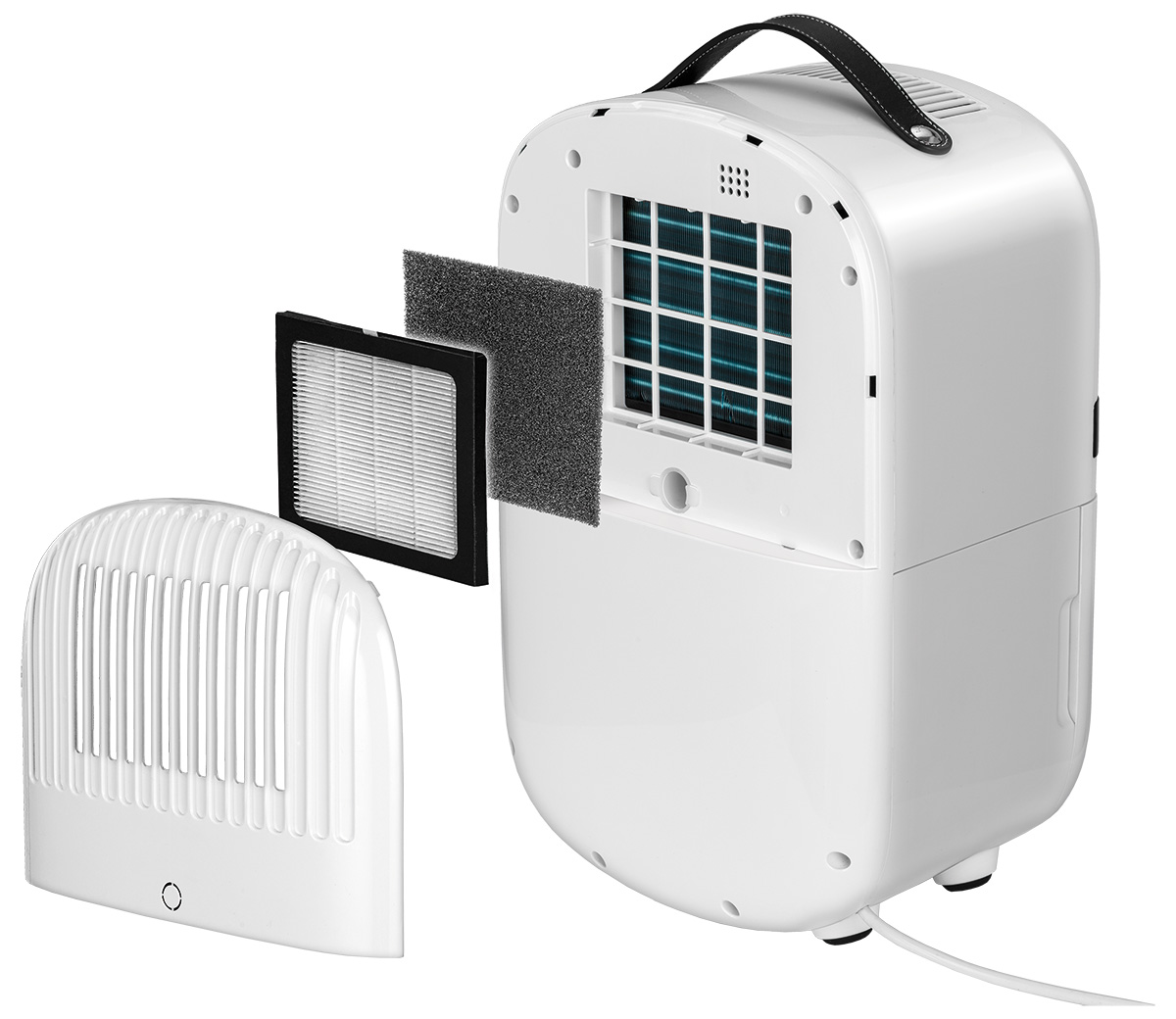 Osuszacz z odsłoniętymi filtrami. Biała jednostka z odłączonym panelem przednim i widocznymi filtrami.