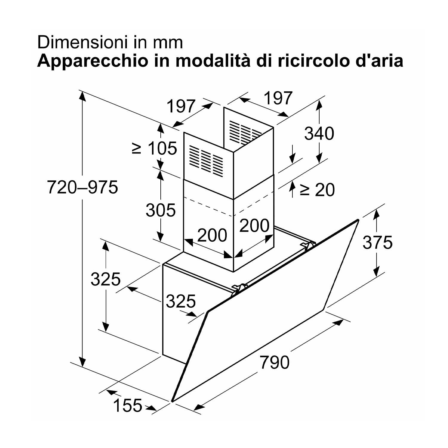 Disegno tecnico di una cappa aspirante con dimensioni ed etichette.