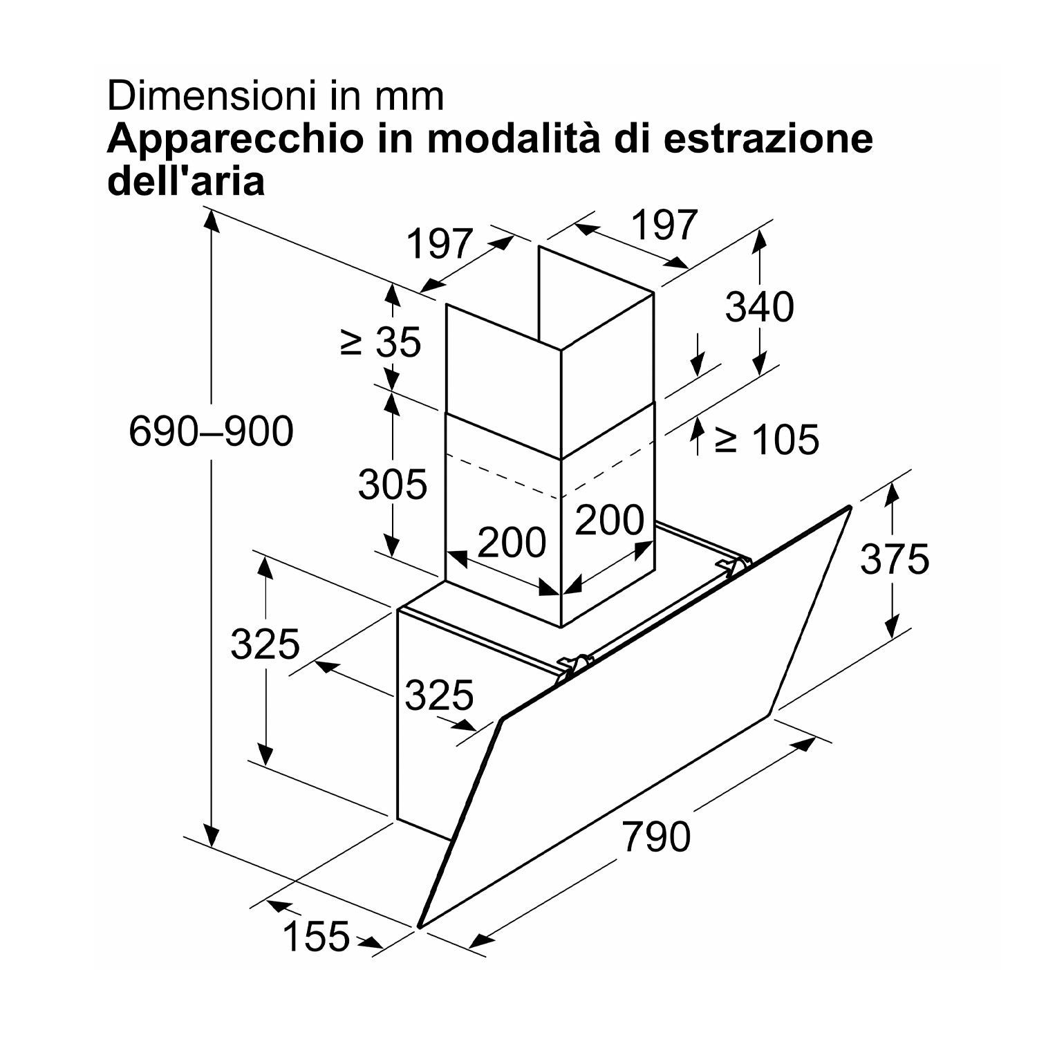 Disegno tecnico di una cappa da cucina, con dimensioni e dettagli del flusso d'aria.