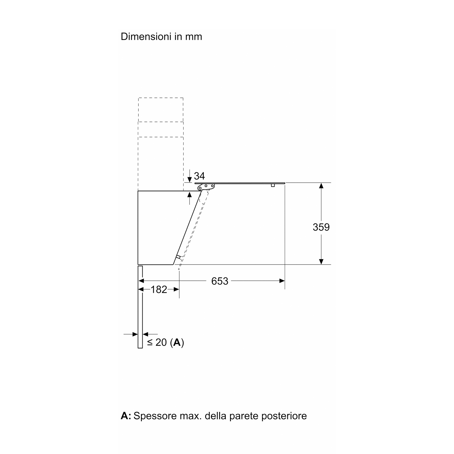 Schema di un elettrodomestico da cucina, con dimensioni in mm.