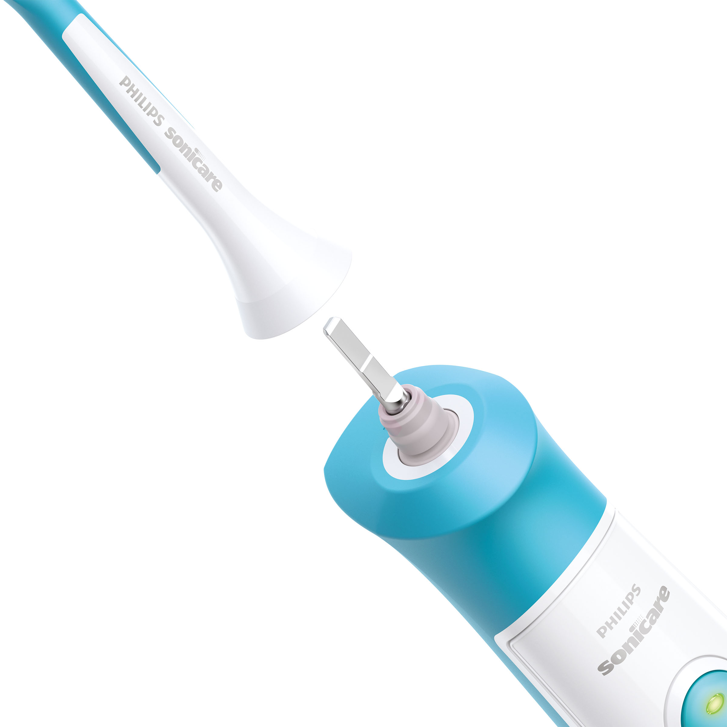 Niebiesko-biała szczoteczka do zębów Philips Sonicare z odłączoną główką szczoteczki.
