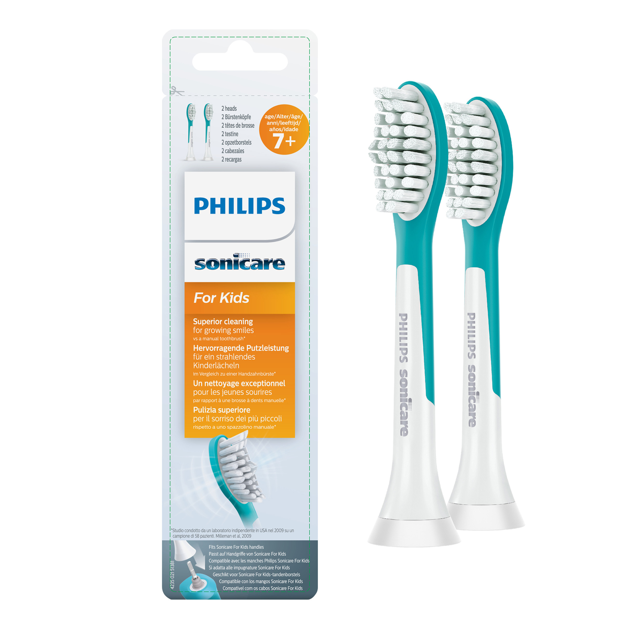 Dwie głowice szczoteczek do zębów Philips Sonicare dla dzieci na opakowaniu produktu.