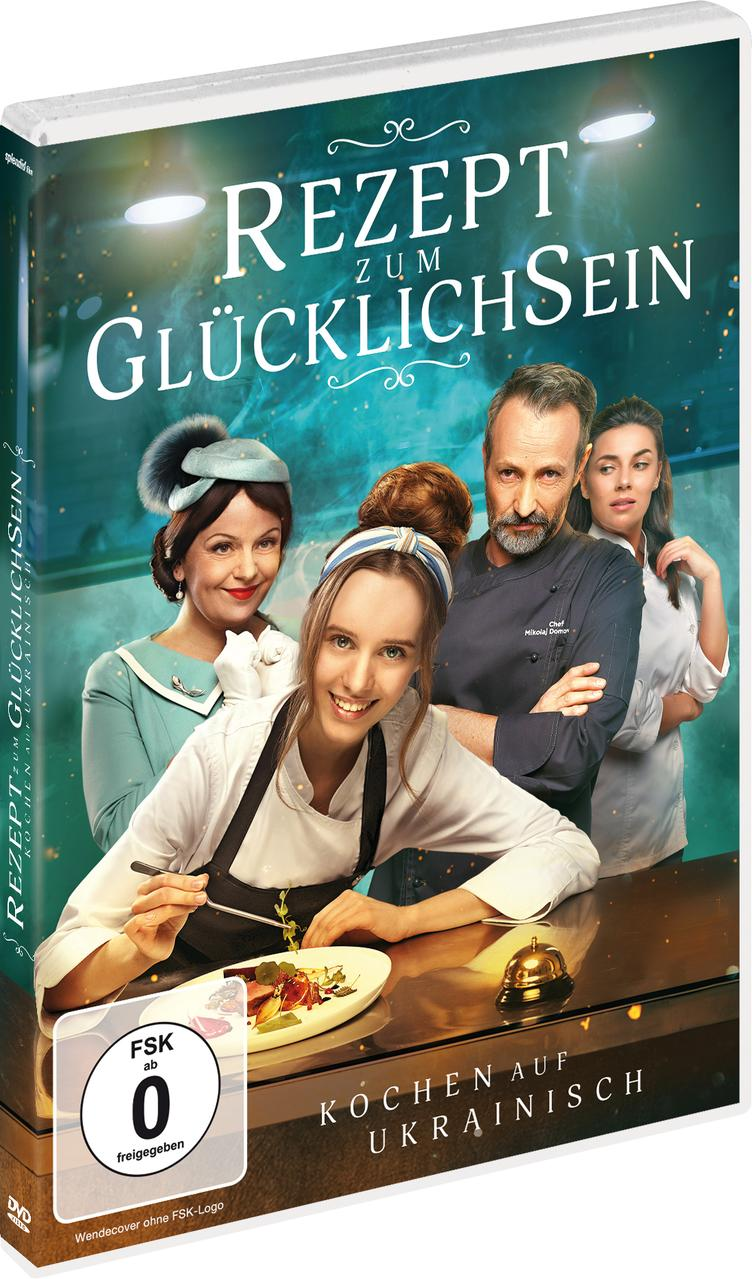 DVD-Cover: Menschen an einem Tisch mit Essen, Text auf Deutsch, 'Rezept zum Glücklichsein'.
