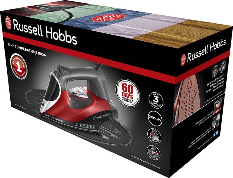 Egy Russell Hobbs vasaló doboza. A vasaló piros és fekete. 60 napos pénzvisszatérítési garancia.