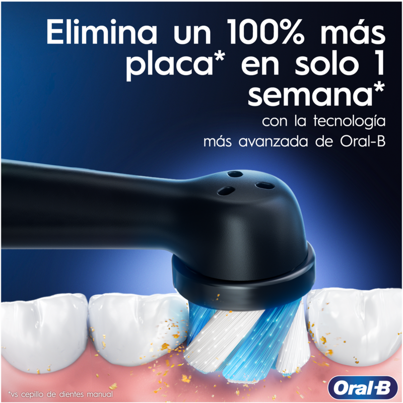 Cepillo dental eléctrico con cabezal limpiando dientes, texto y logo.