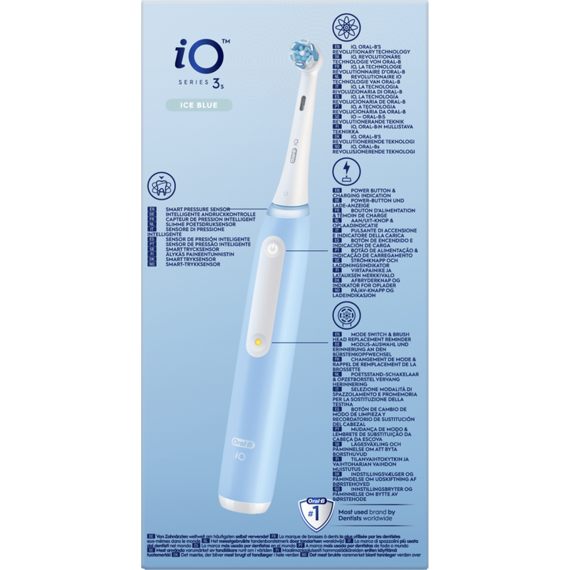 Caja de cepillo de dientes eléctrico Oral-B iO Series 3S azul y blanco. Texto e imágenes visibles.