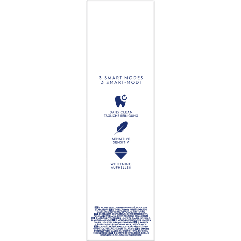Caja blanca con texto sobre 3 modos inteligentes para la limpieza dental. Con iconos y texto.