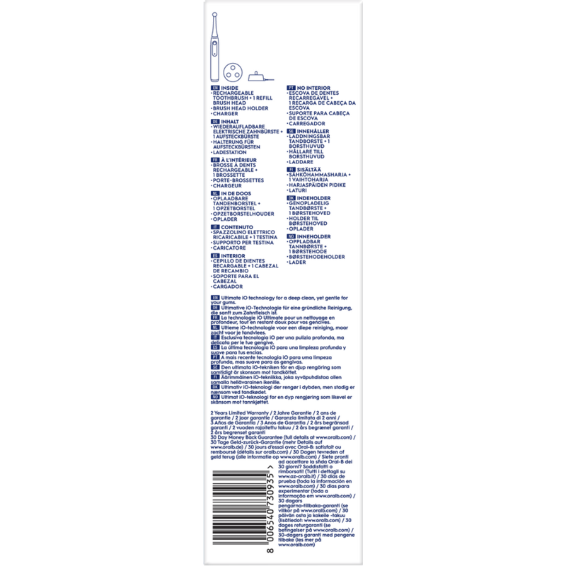 Embalaje del producto con texto y código de barras. Enumera características y especificaciones.