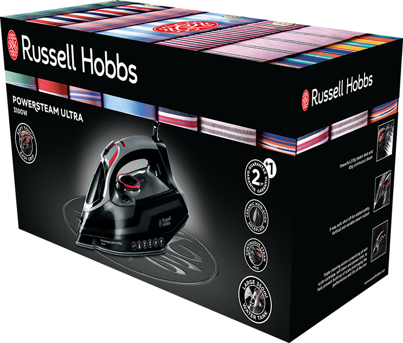 Egy Russell Hobbs vasaló doboza. A doboz fekete, rajta a vasaló képe.