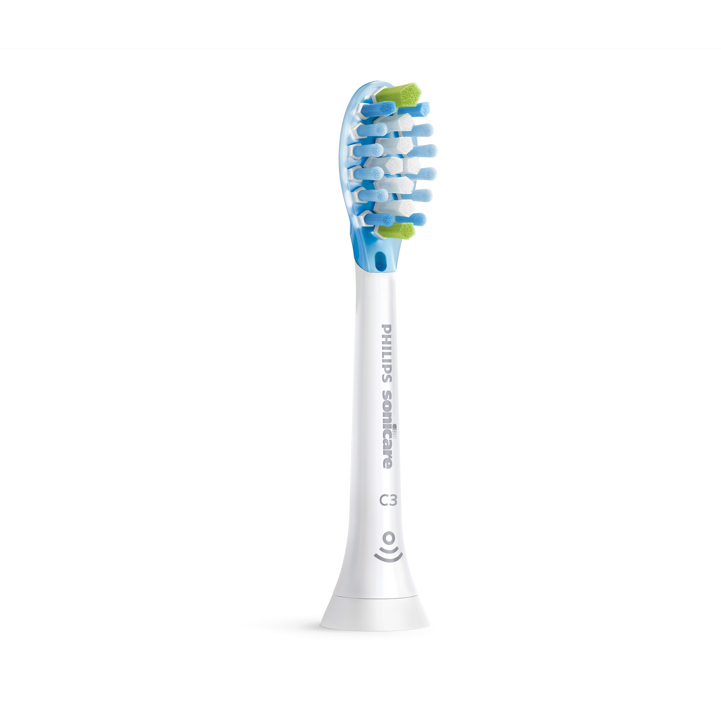 Główka szczoteczki Philips Sonicare z niebieskim i zielonym włosiem. Biały uchwyt.
