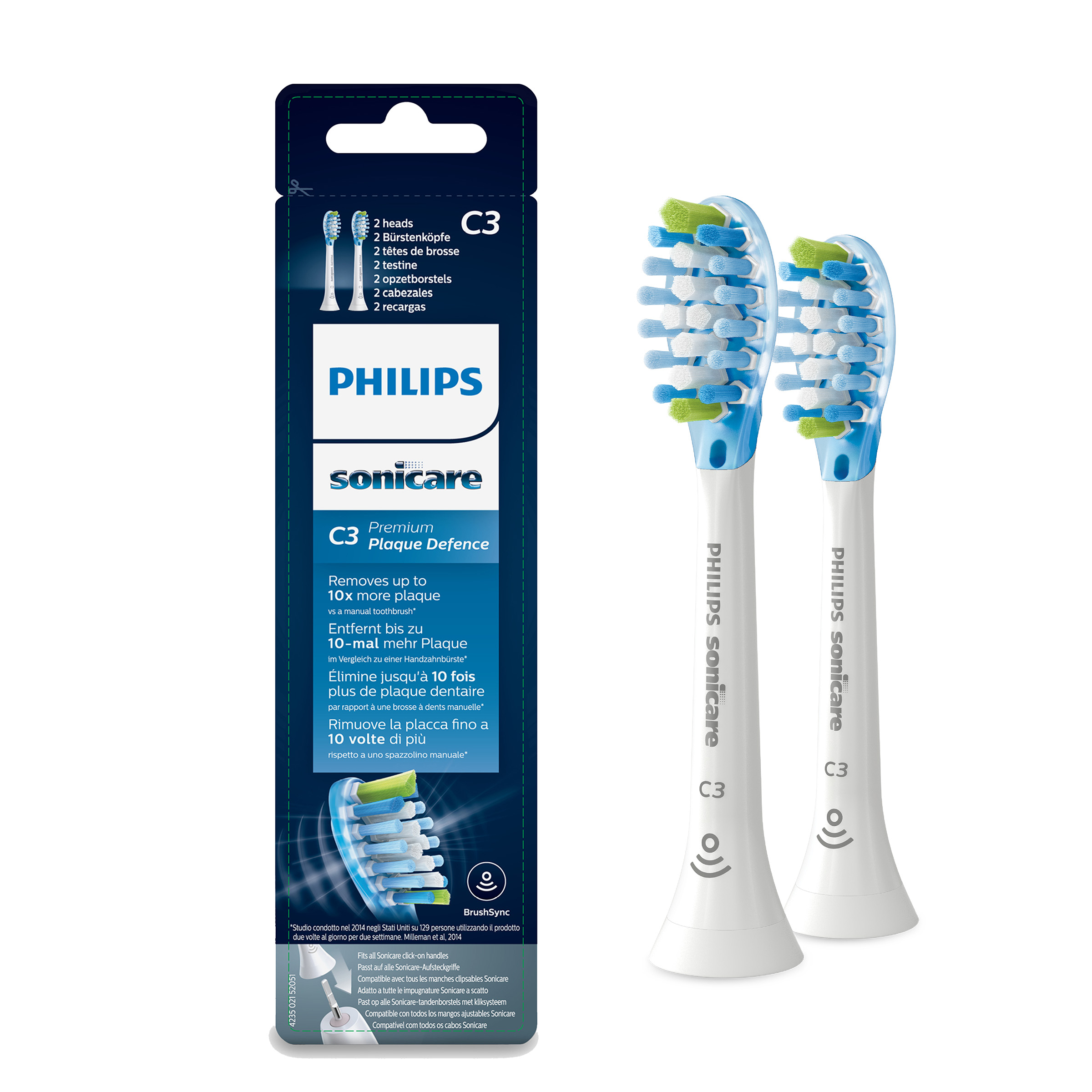 Dwie głowice szczoteczki Sonicare i ich opakowanie. Opakowanie jest niebieskie, białe i zielone.