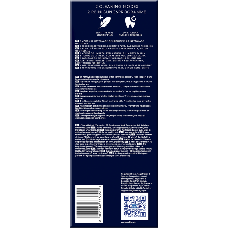 Embalaje blanco con texto en varios idiomas. Muestra un cepillo de dientes con dos modos de limpieza.