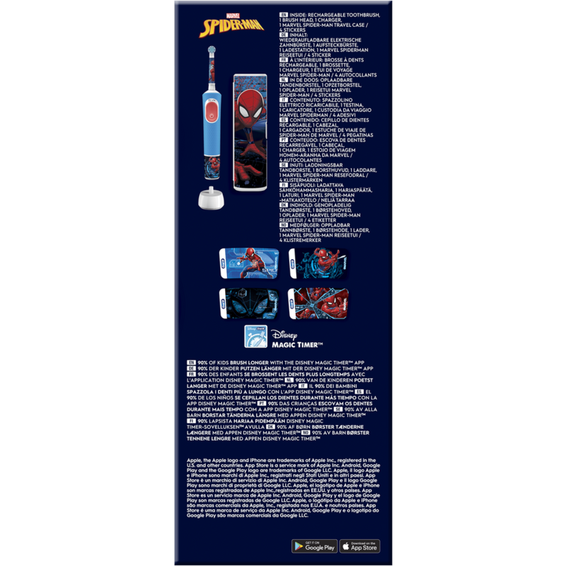 Cepillo de dientes y accesorios de Spiderman, con texto en varios idiomas.
