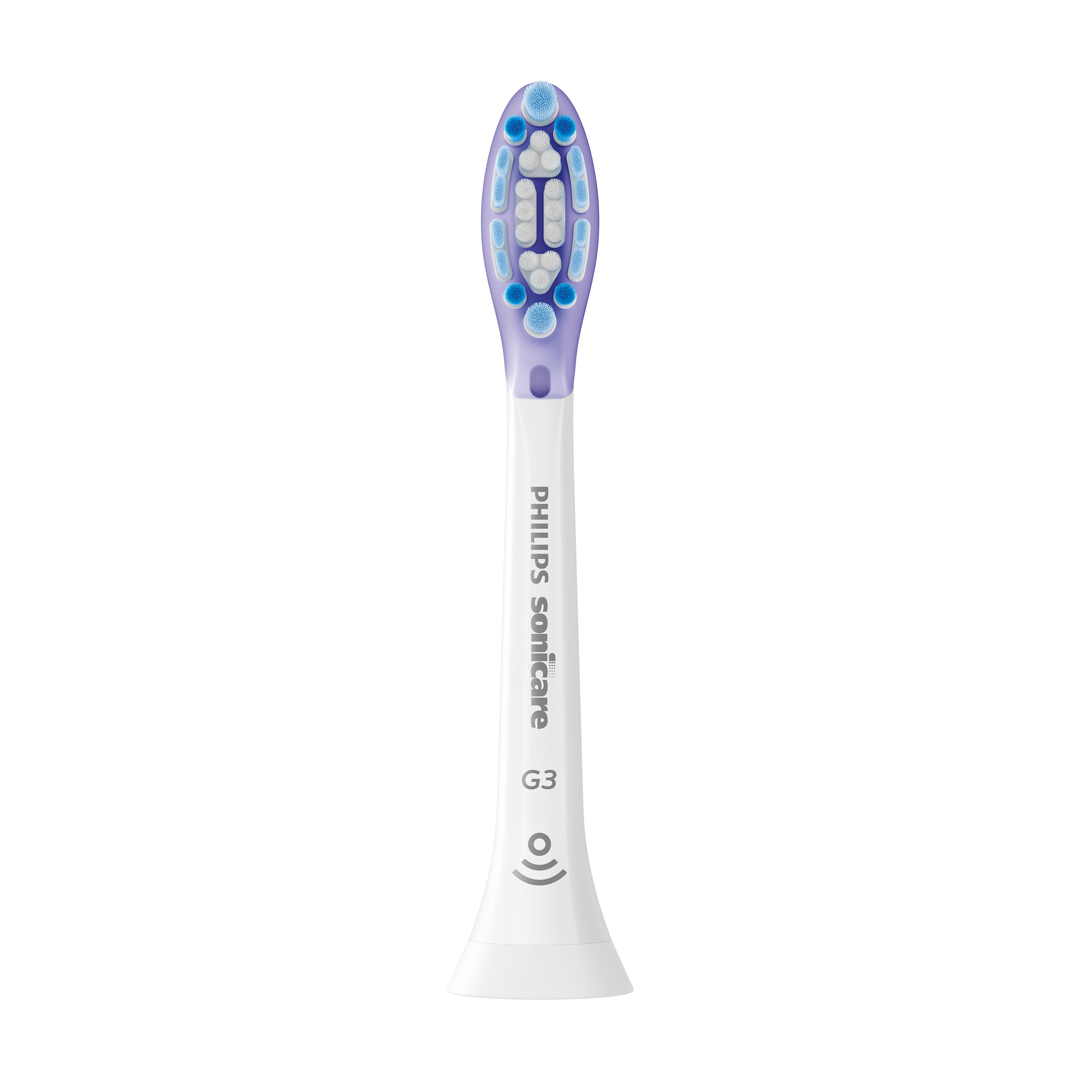Główka szczoteczki Philips Sonicare G3, biała z fioletowym i niebieskim włosiem.