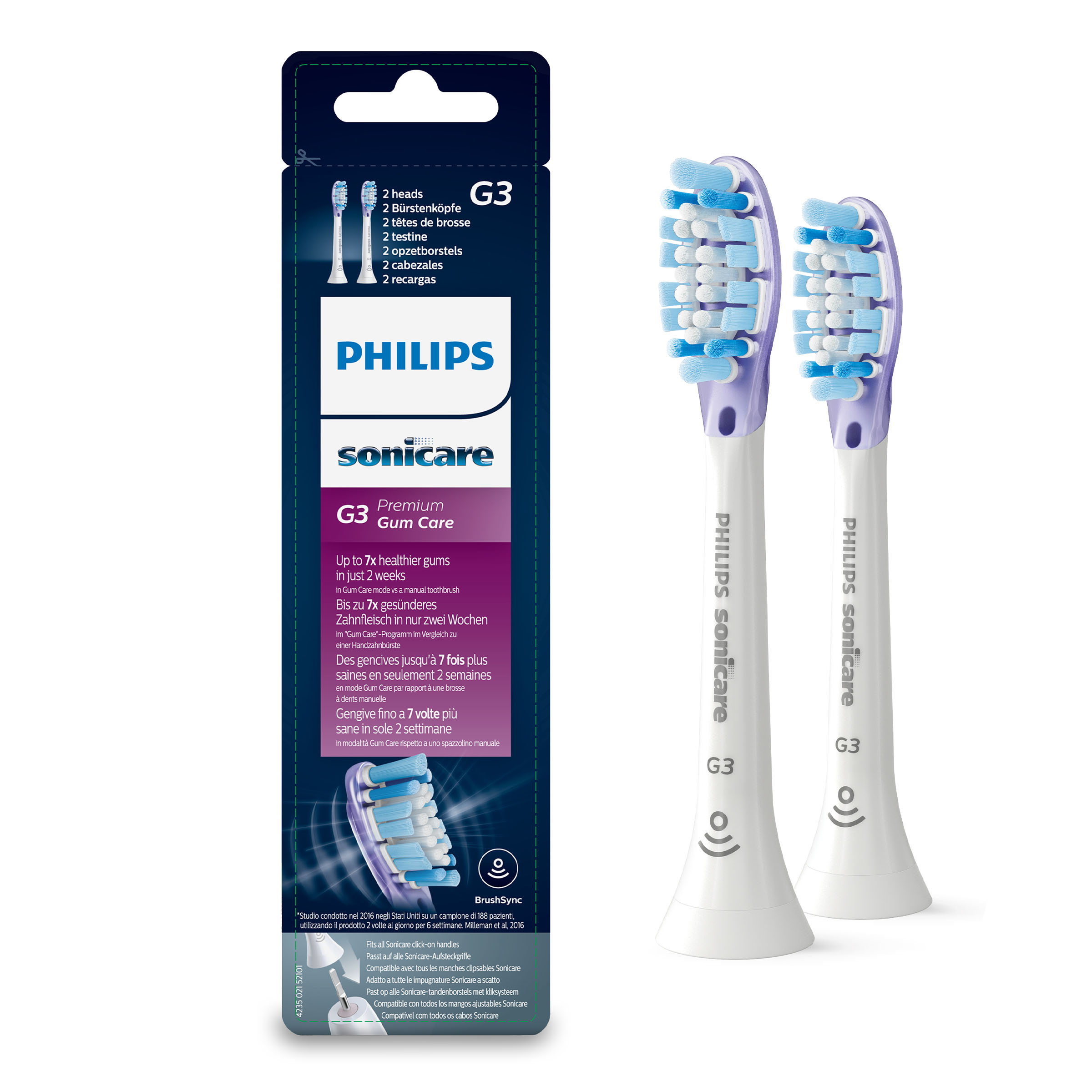 Dwie głowice szczoteczki Philips Sonicare G3 na opakowaniu.