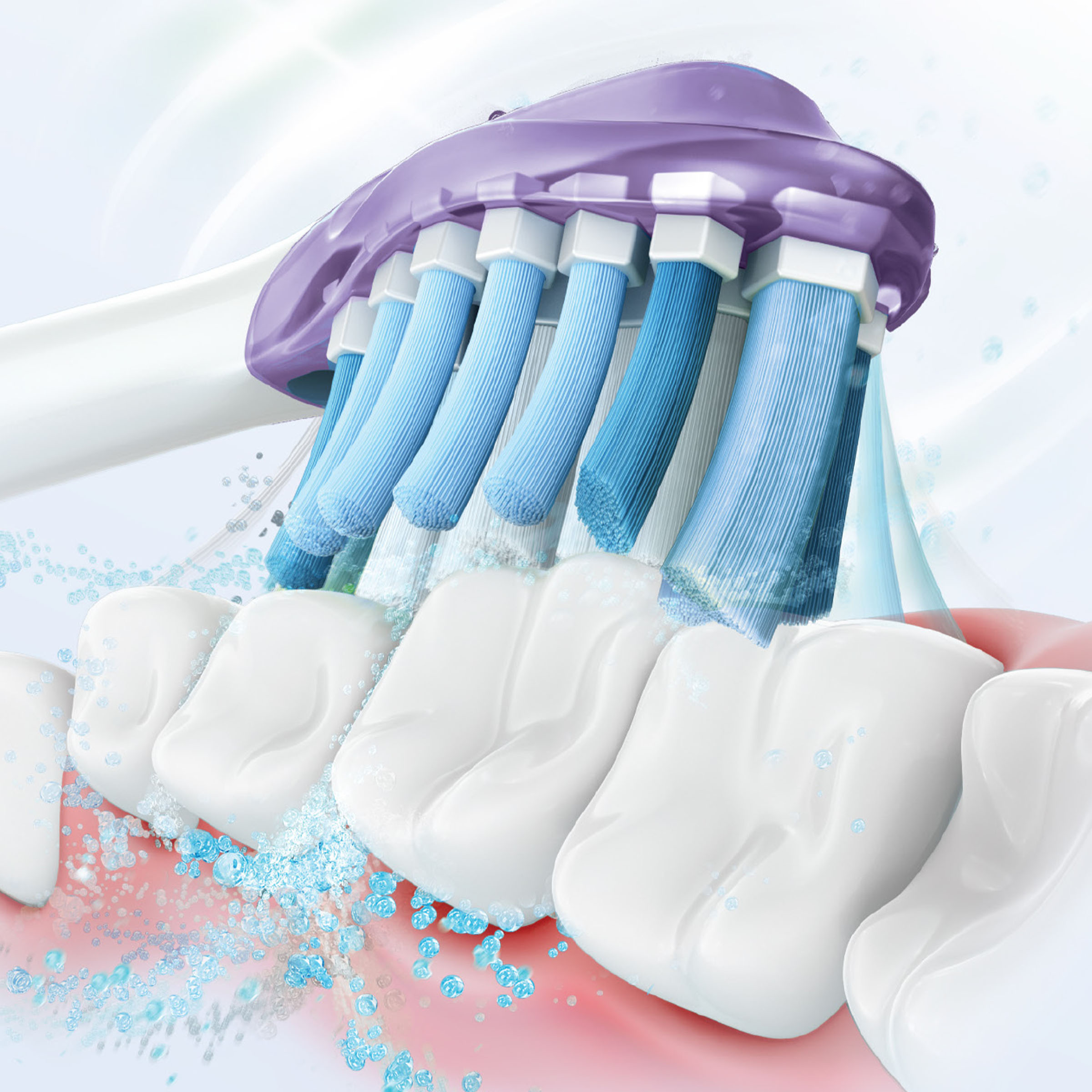 Elektryczna szczoteczka do zębów czyszcząca zęby. Woda tryska z główki szczoteczki, pokazano niebieskie krople wody.