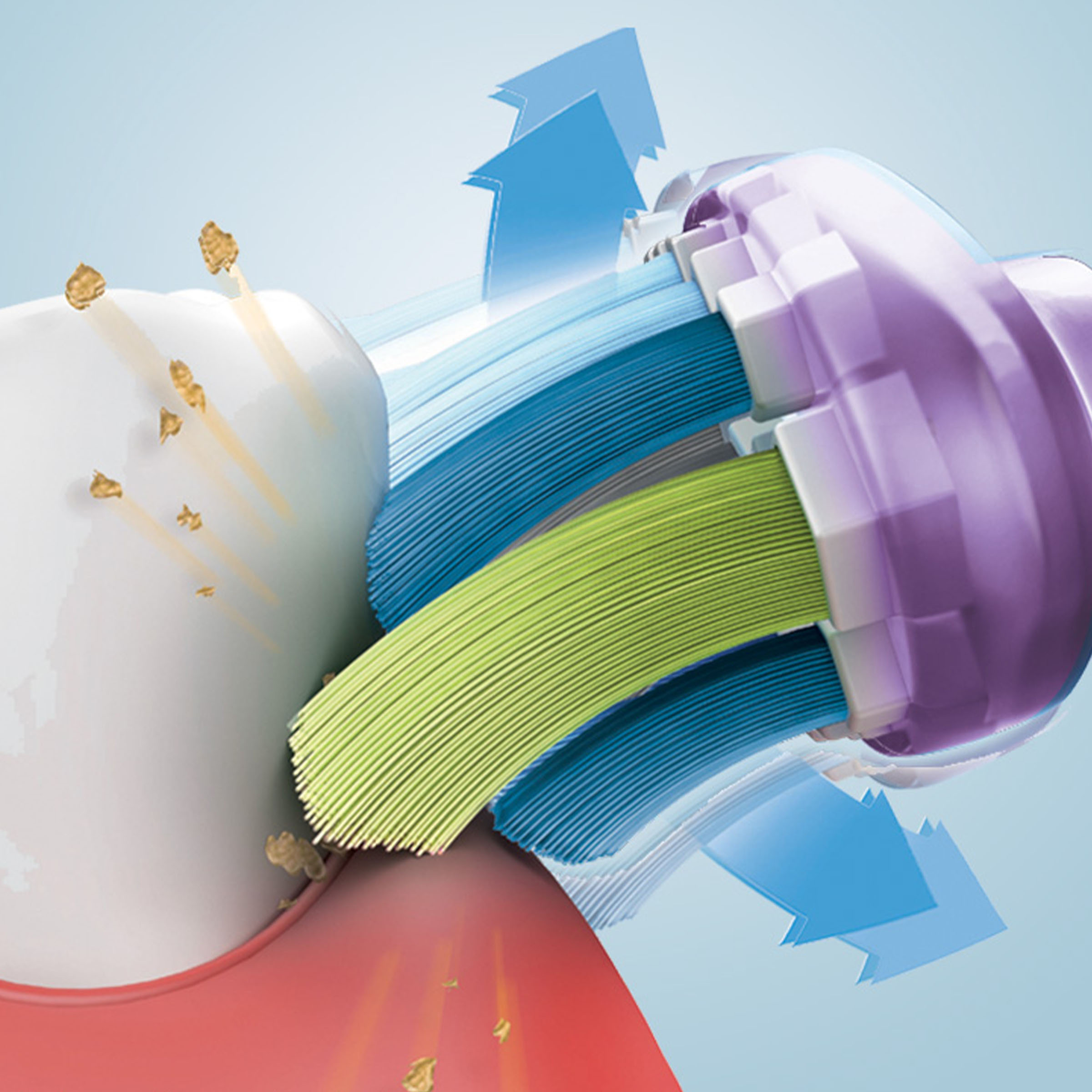 Szczoteczka do zębów czyszcząca ząb, z niebieskimi strzałkami wskazującymi ruch.