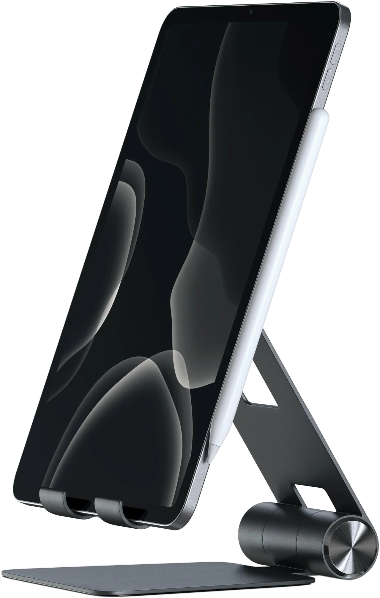 Tablet állványon, szögletes nézet, fekete képernyő.
