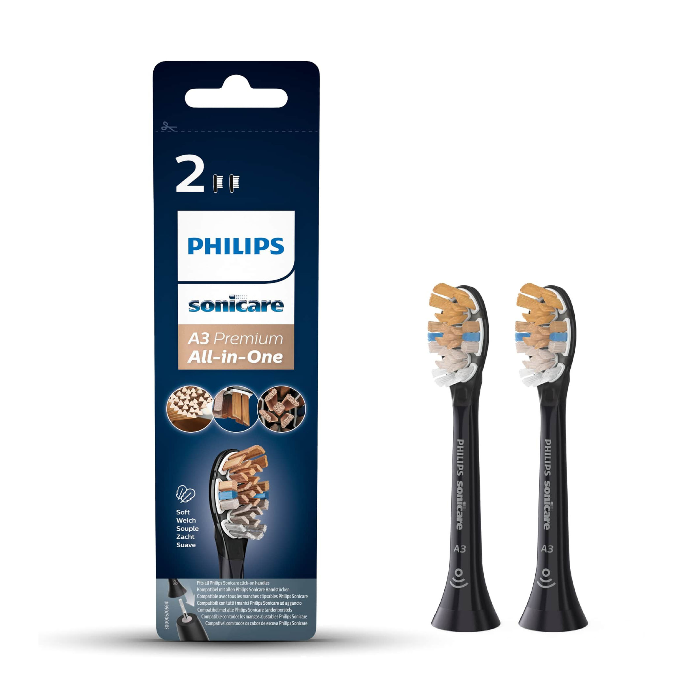 Dwie czarne głowice szczoteczki Philips Sonicare w opakowaniu.