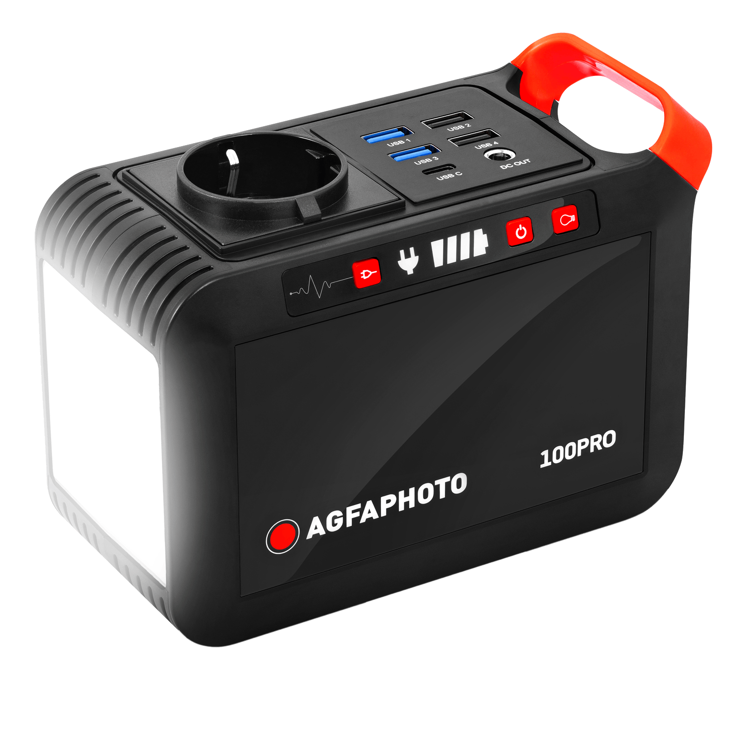 Station d'alimentation portable noire et rouge avec ports USB et prise.