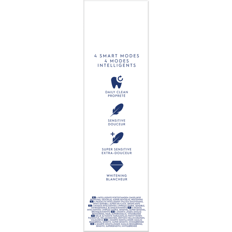 Una etiqueta blanca con iconos y texto que describe 4 modos inteligentes para la limpieza de dientes.