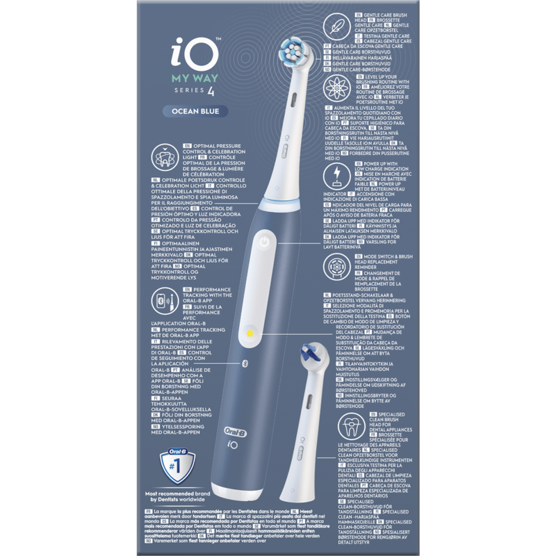 Cepillo de dientes eléctrico azul y blanco con dos cabezales y un panel informativo en varios idiomas.