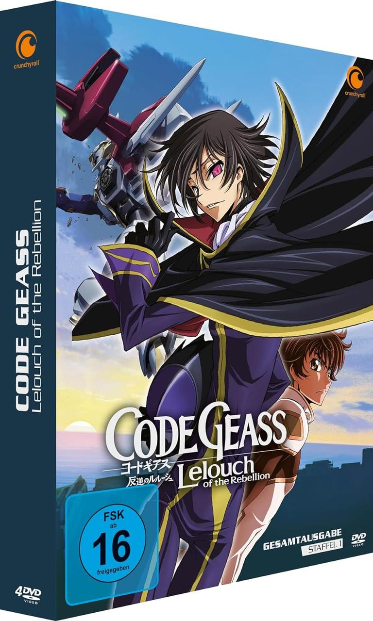 Anime-DVD-Box-Set von Code Geass, mit einer Figur in einem lila-schwarzen Outfit.