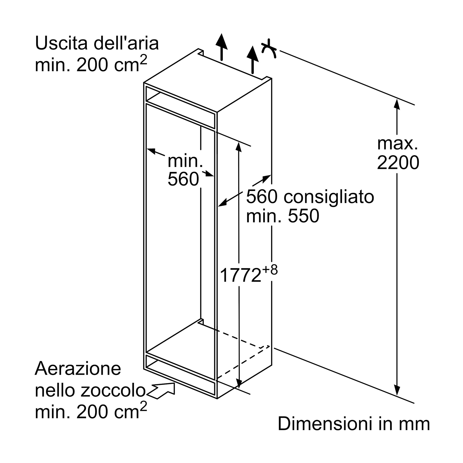 Un disegno tecnico di un frigorifero ad incasso con dimensioni in mm e frecce.