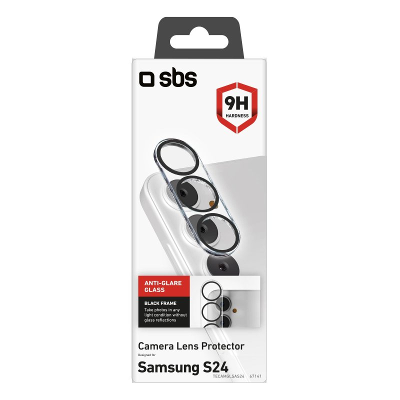 Weiße und schwarze Kameraobjektivschutzverpackung. Für Samsung S24, weißer Hintergrund.
