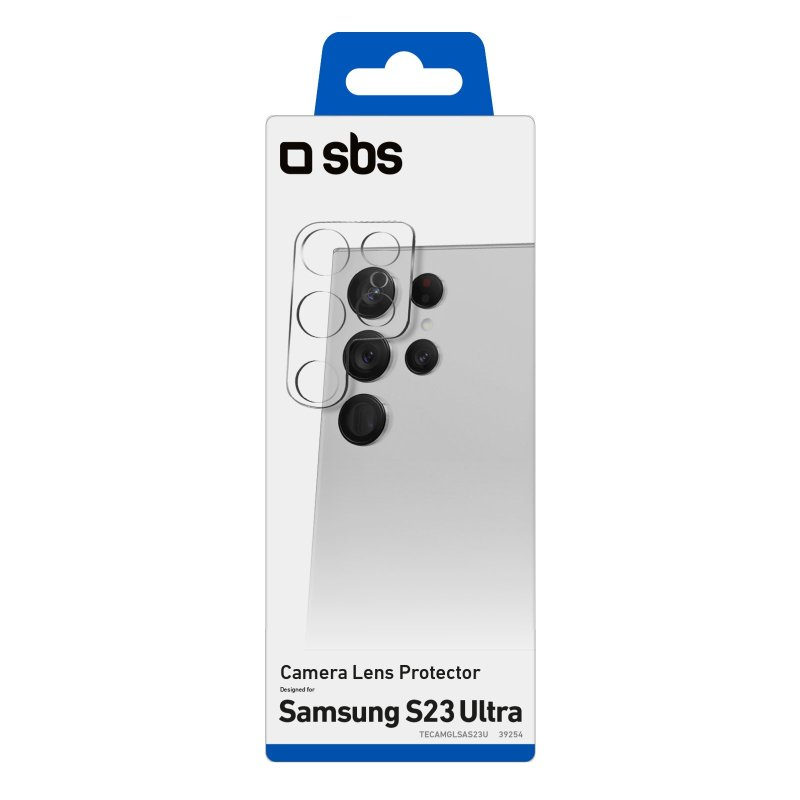 Weiße Verpackung mit einem Kameraschutz für das Samsung S23 Ultra. Die Marke ist SBS.