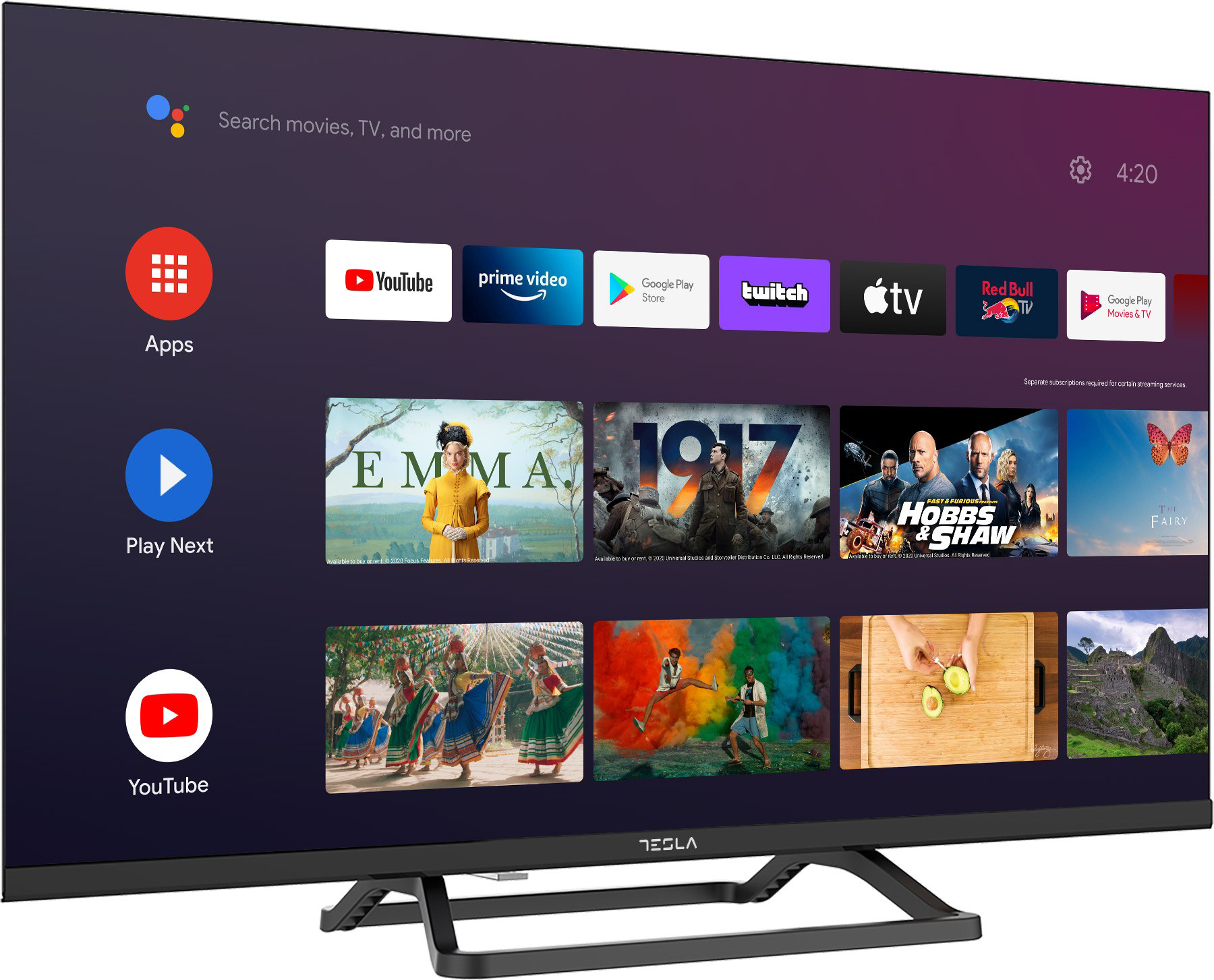 Egy televízió képernyője, amely egy okostévé felületét jeleníti meg különböző alkalmazásikonokkal.