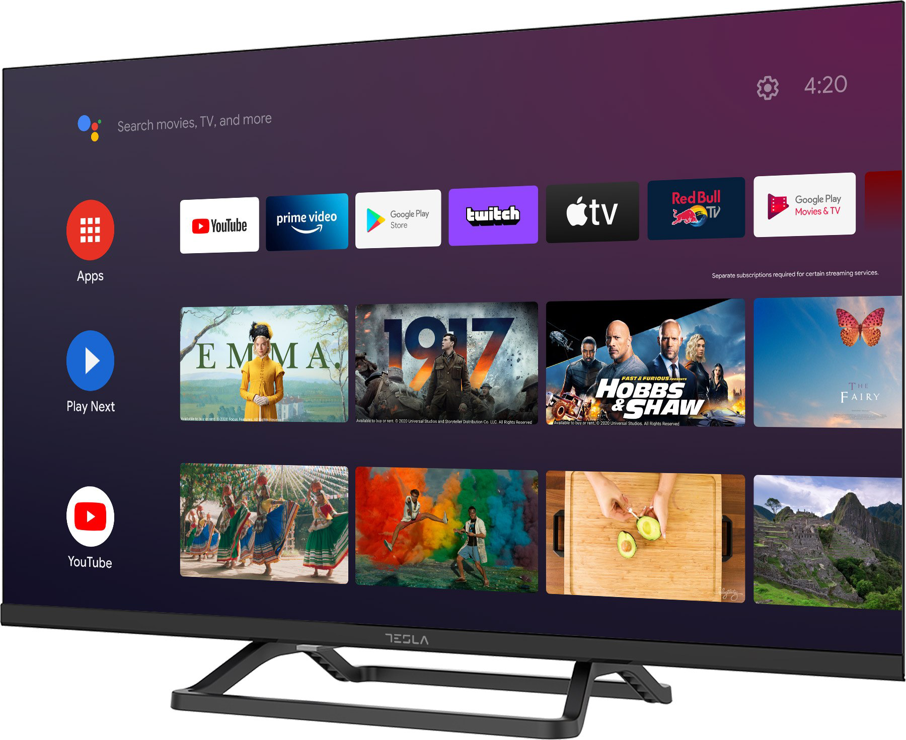 Egy TV képernyő, amely a kezdőképernyőt mutatja különféle alkalmazásikonokkal és filmjavaslatokkal.
