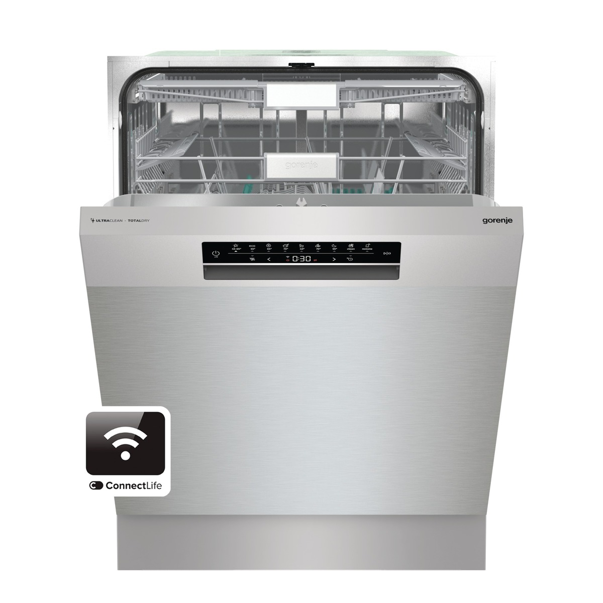 Gorenje Geschirrspüler mit offener Tür. Bedienfeld und Wi-Fi ConnectLife Logo. Edelstahl-Finish.