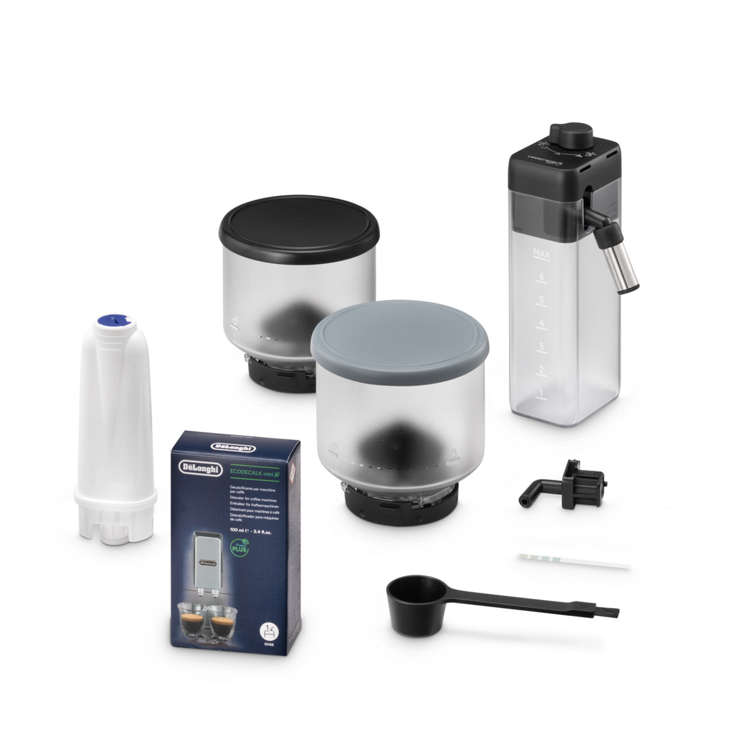 Coffee machine parts on a white surface. Includes containers, filters, and accessories.