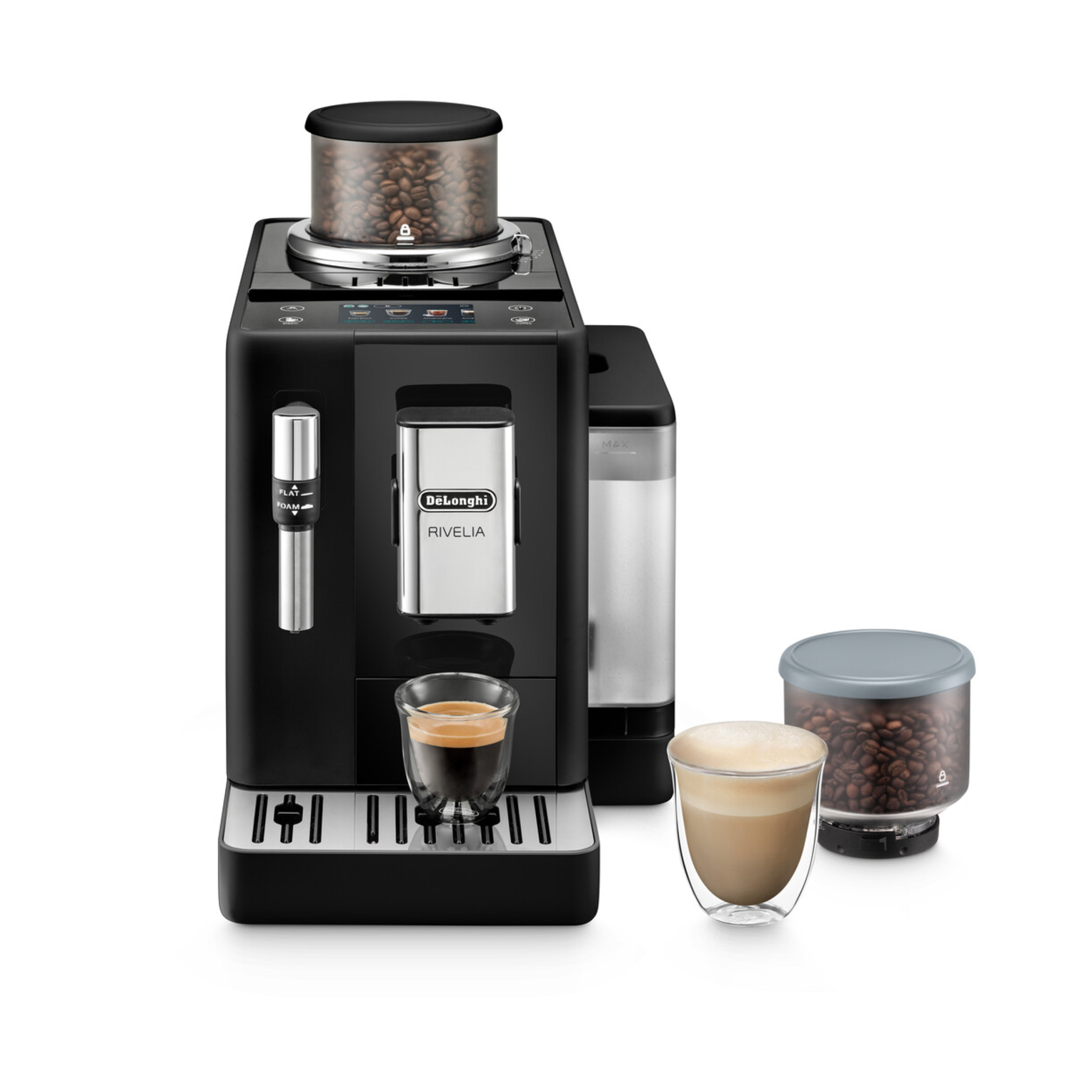 Zwarte espressomachine met koffiebonencontainer en twee koffieglazen.