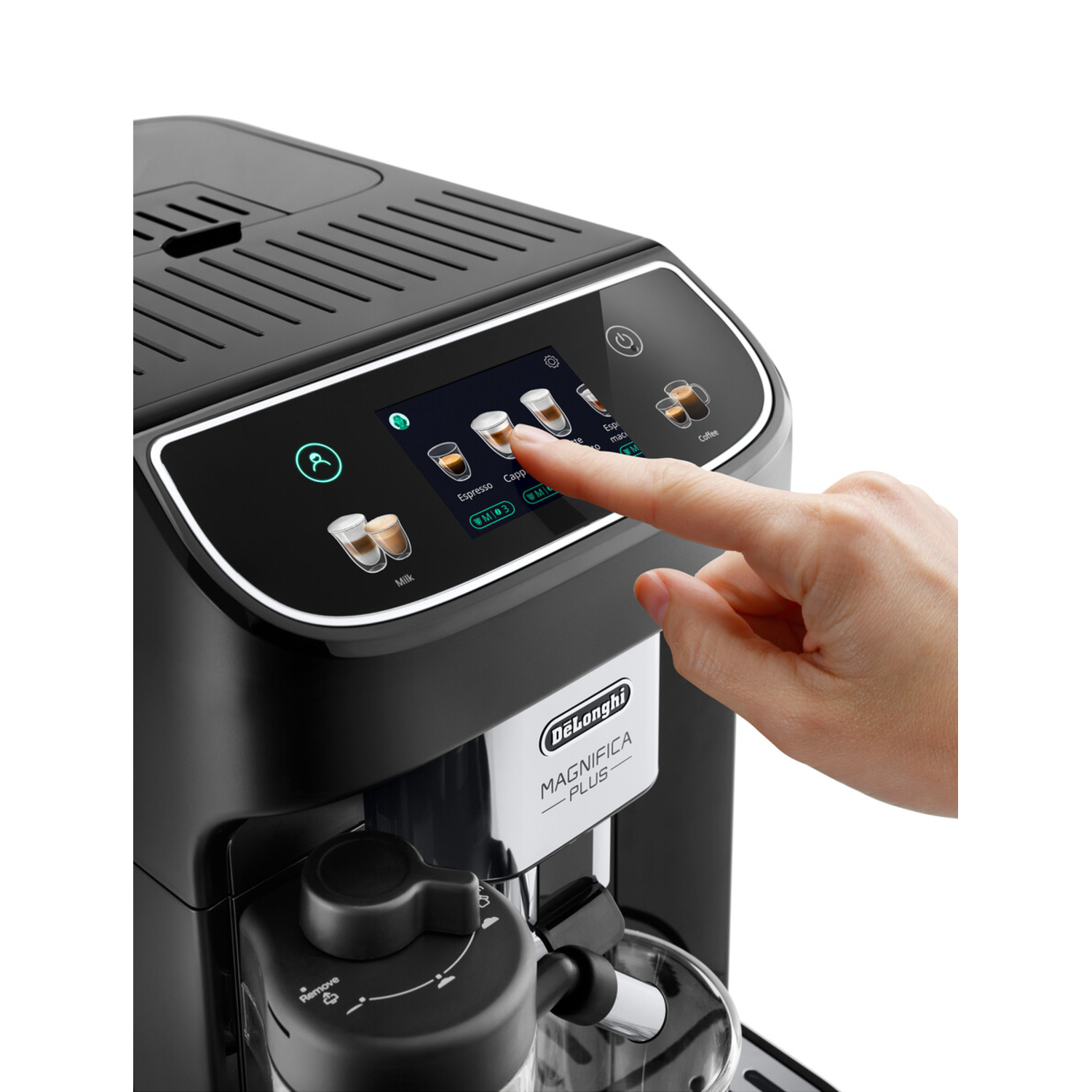 Een zwart koffiezetapparaat met een persoon die het scherm aanraakt om een drankje te selecteren.