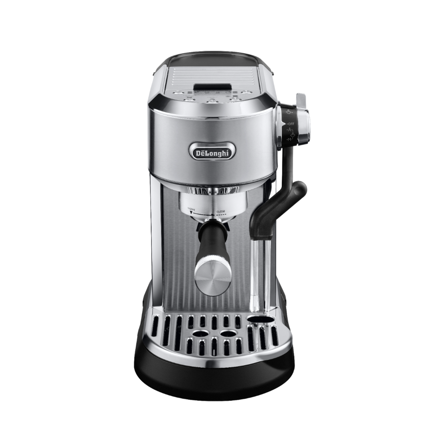 A silver De'Longhi espresso machine, black base and handle, on a black background. The machine is in focus.
