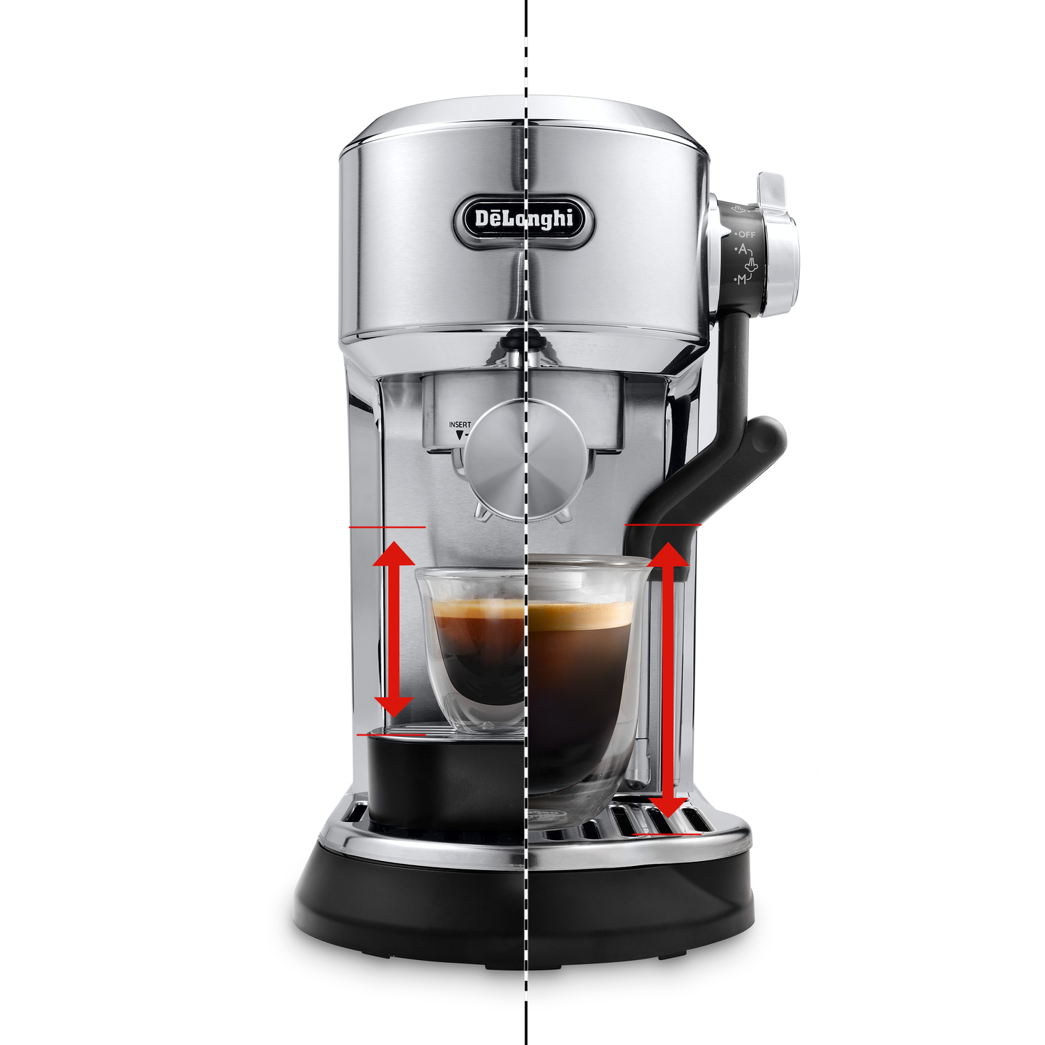 Espresso machine with a glass cup beneath the spout, showing dimensions.