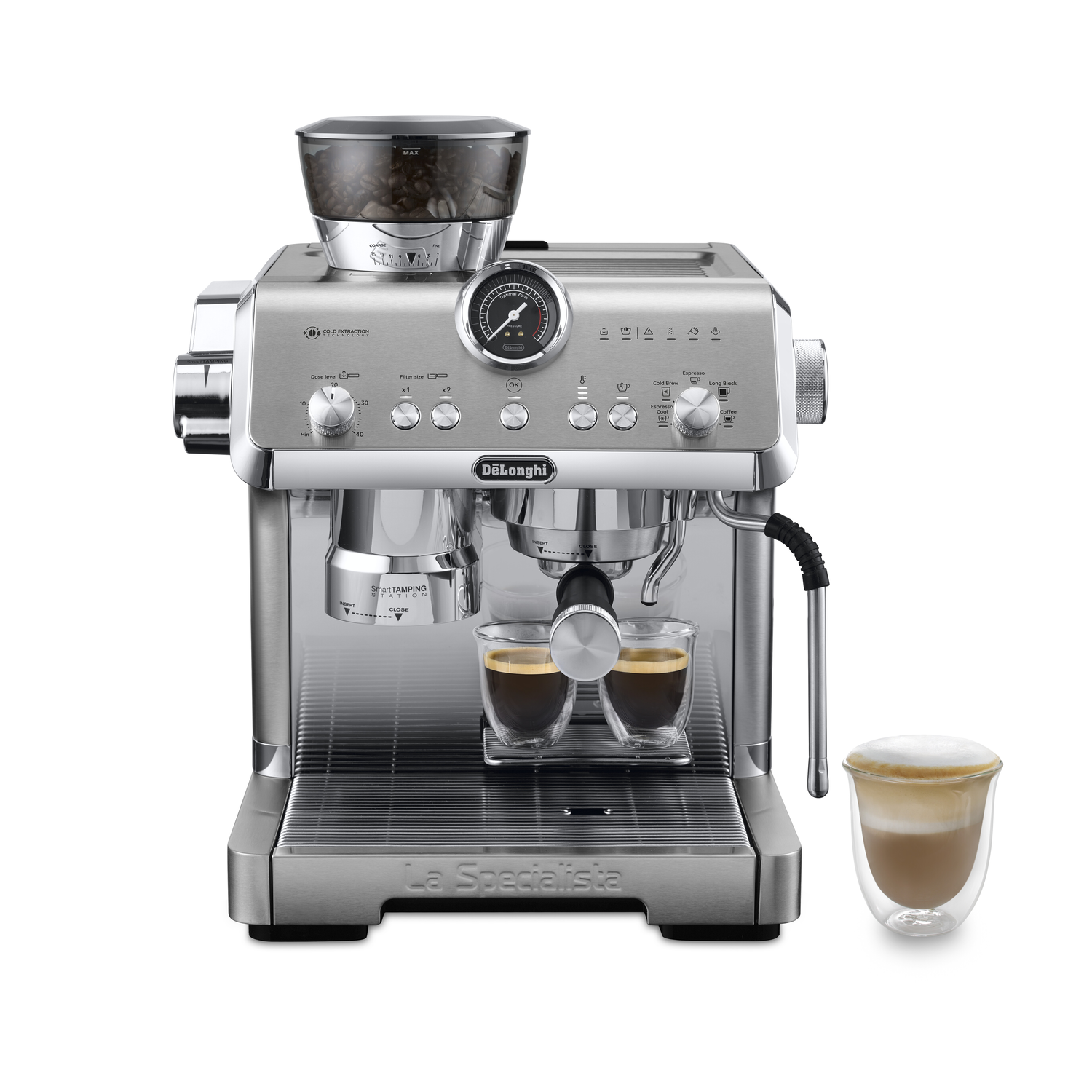 A silver and black espresso machine with two glass cups of coffee and a cappuccino glass.