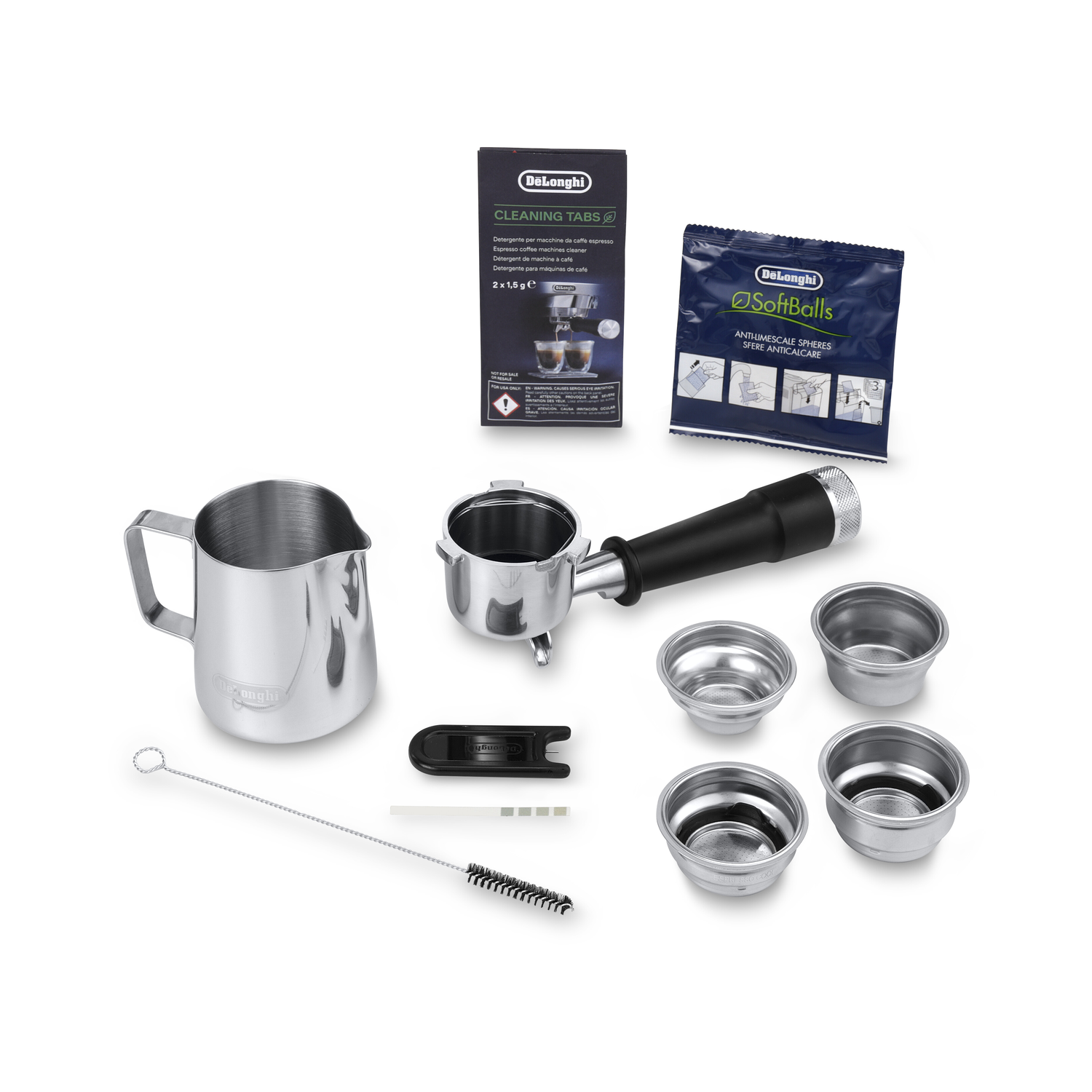 Coffee machine accessories: milk jug, portafilter, filter baskets, cleaning tabs, and softballs.