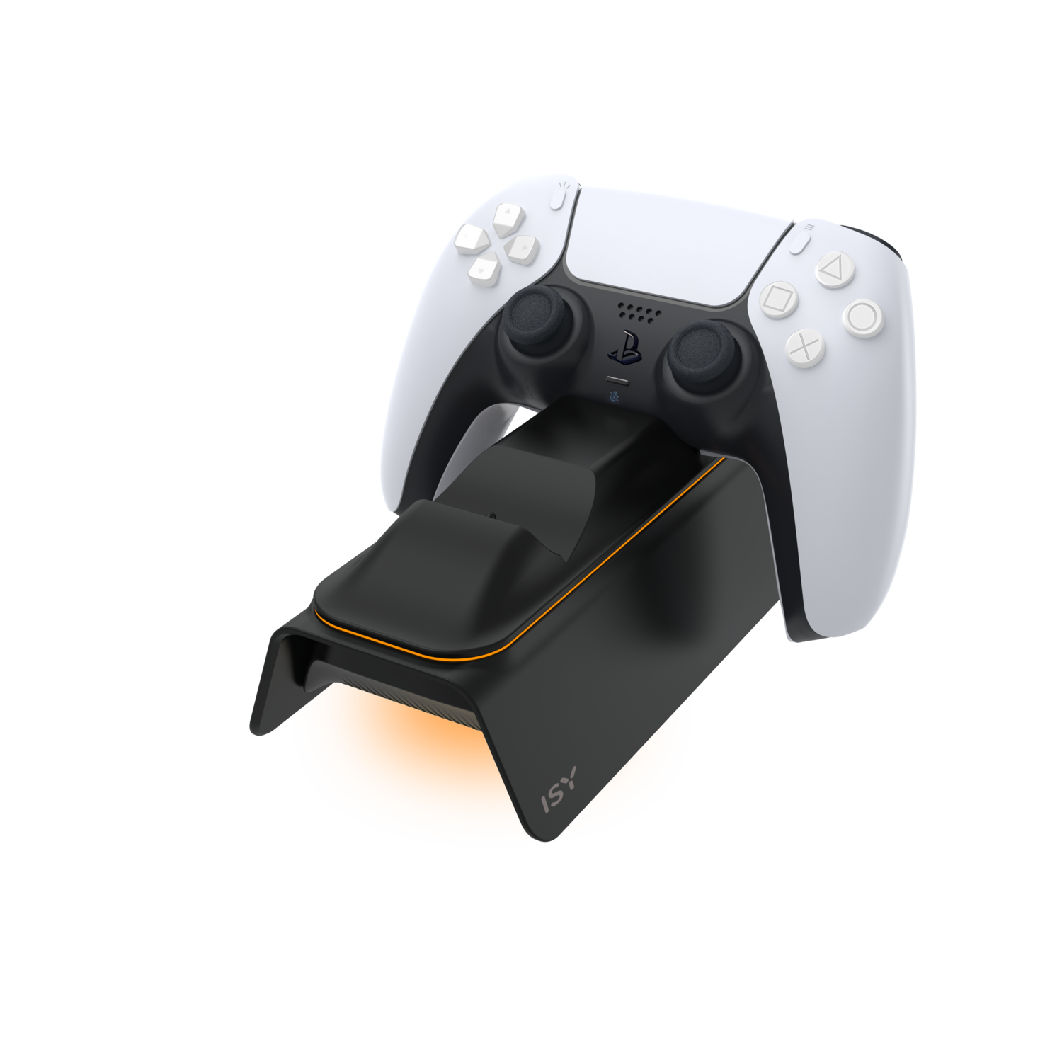 White and black Playstation controller charging dock with orange accent and base.