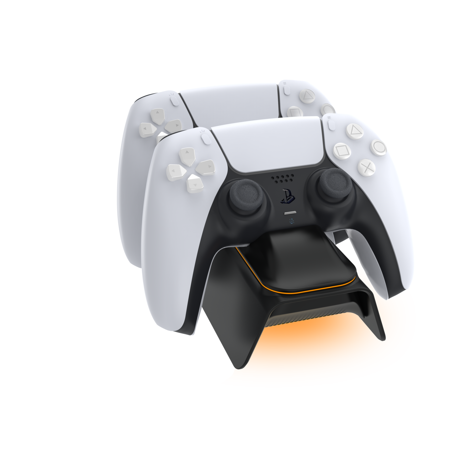 Two white Playstation controllers and a black charging station. Orange accent.