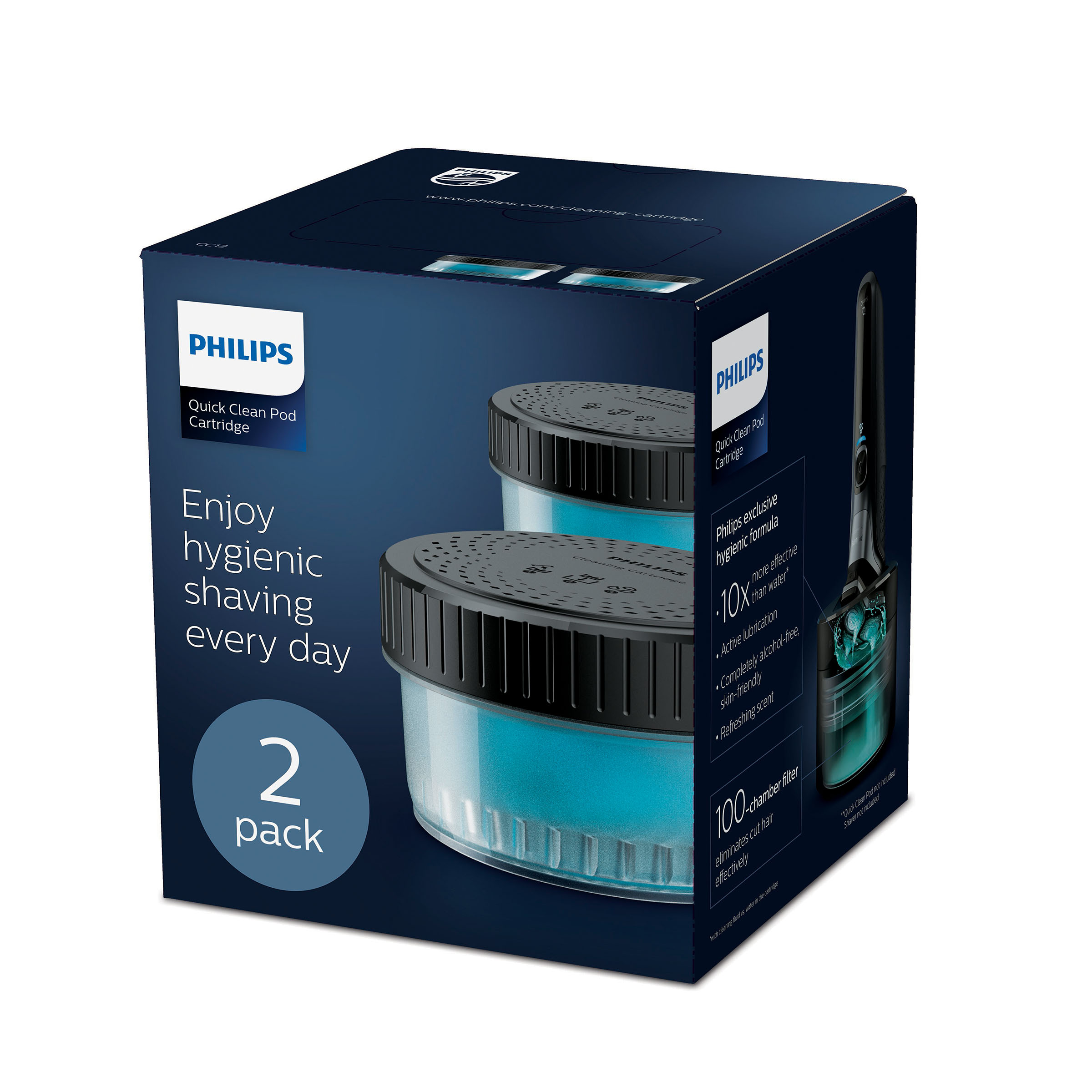 Pudełko wkładów Philips Quick Clean Pod z dwoma wkładami i golarką, promujące higieniczne golenie.