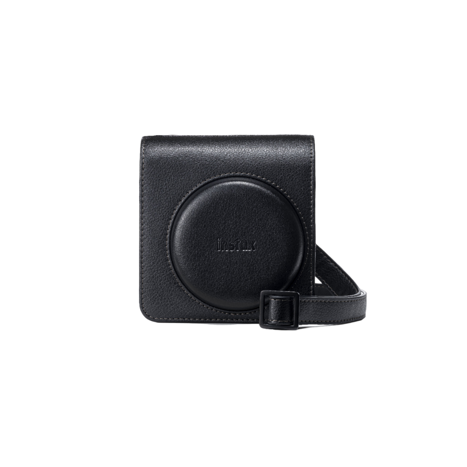 Zwarte Instax camerahoes met een riem en het Instax-logo.